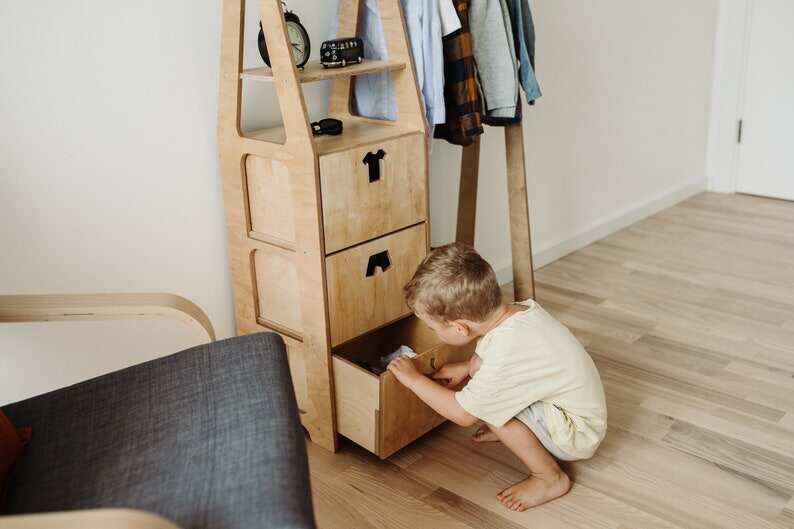 Children wardrobe Montessori clothing rack Wooden clothing rack Wood frame rack Toddler wardrobe Clothing rack with drawers Kids furniture