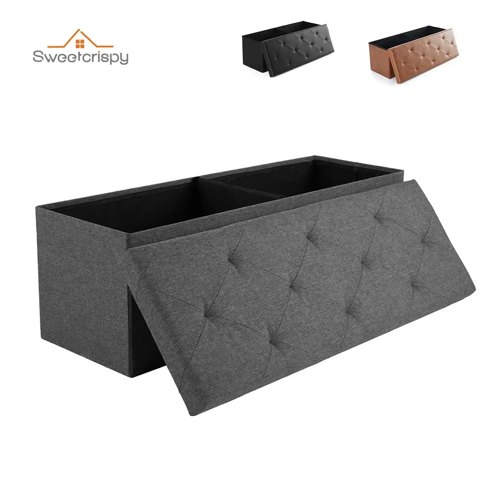 Folding Storage Ottoman Bench Modern Linen Fabric Padded Seat Large Toy Box End of Bed Entryway Comfortable Durable Multifunctional Seater