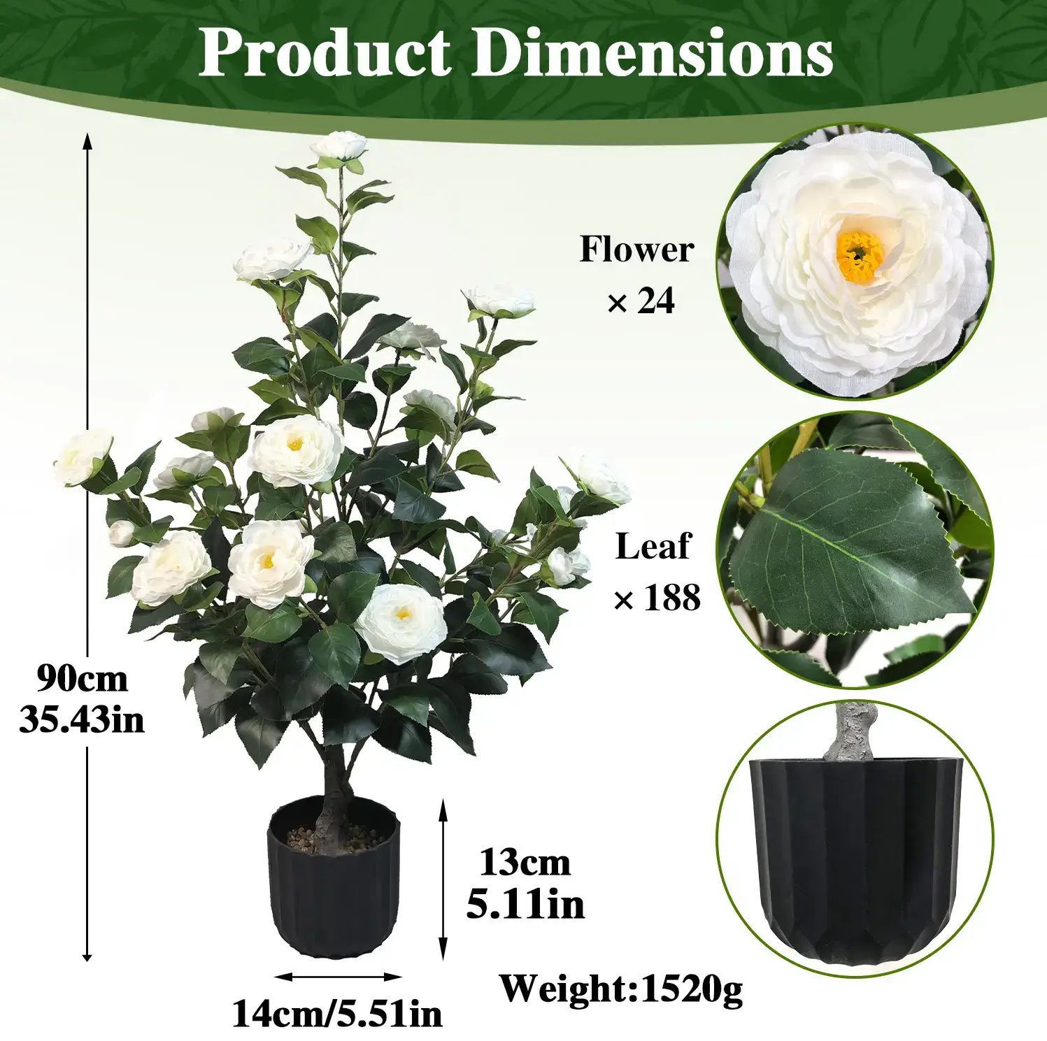 2 Pcs 3-foot Camellia Tree with Decorative Pebbles, Flower Pot, 24 Realistic Flowers, 188 Leaves for Indoor, outdoor courtyard Home Decor