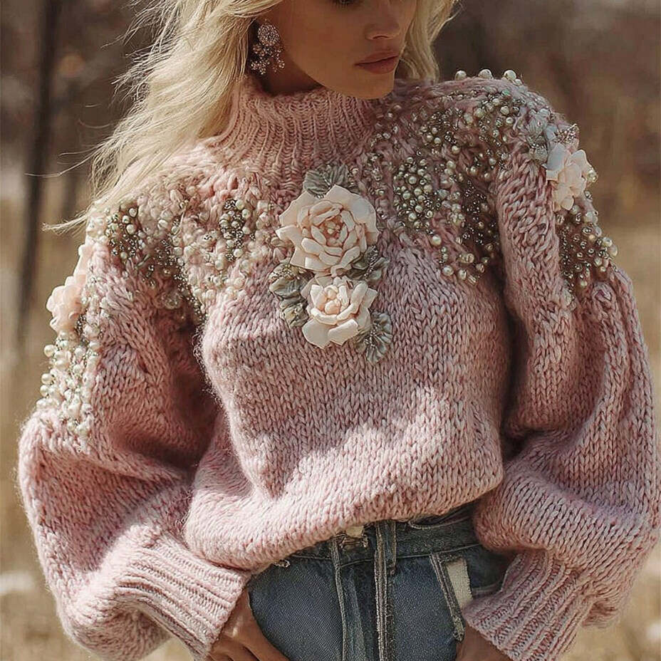 Women's Vintage Rose Floral Art Cozy Knit Turtleneck Sweater