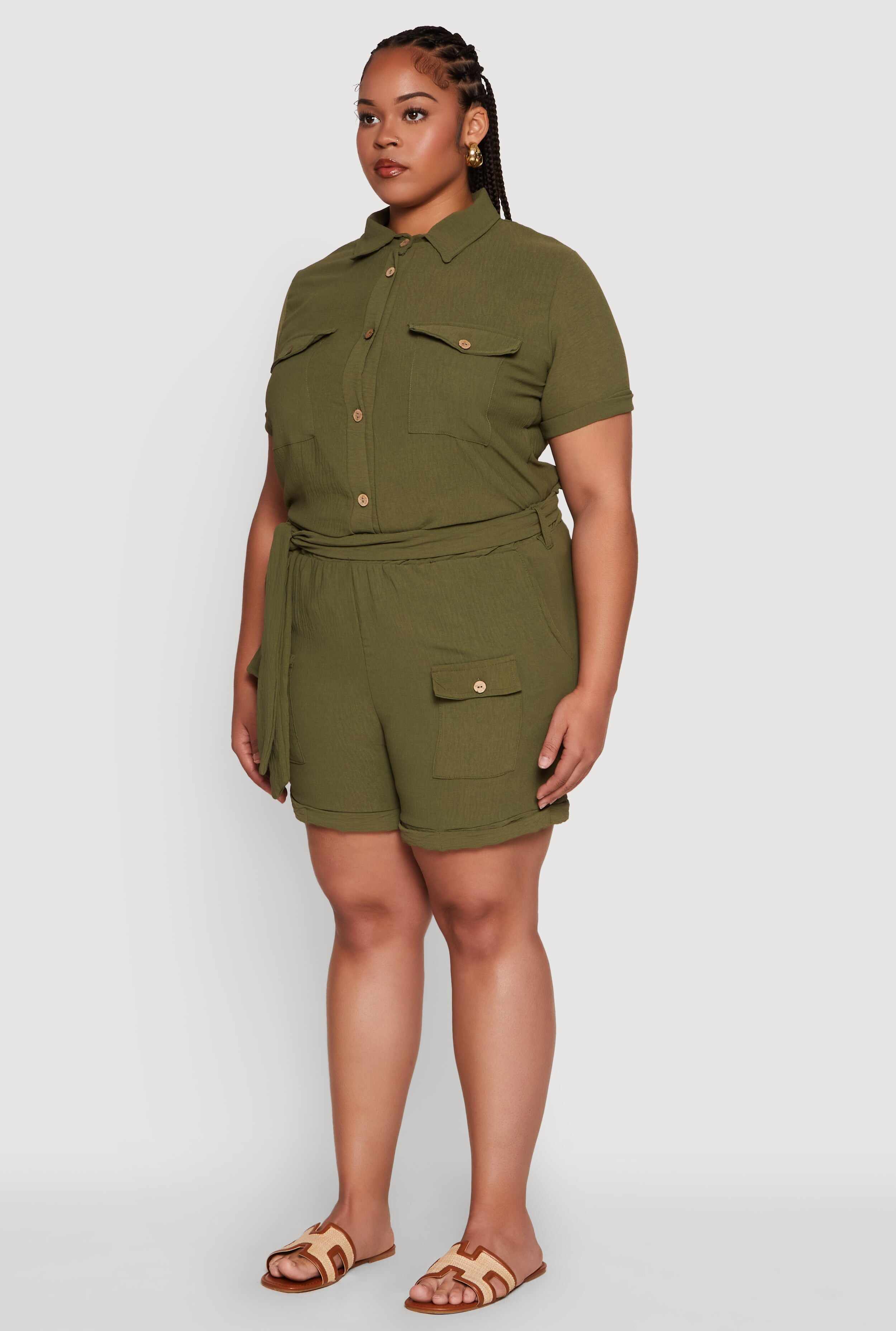 Plus Size Crepe Knit Cargo Pocket Button Front Shirt