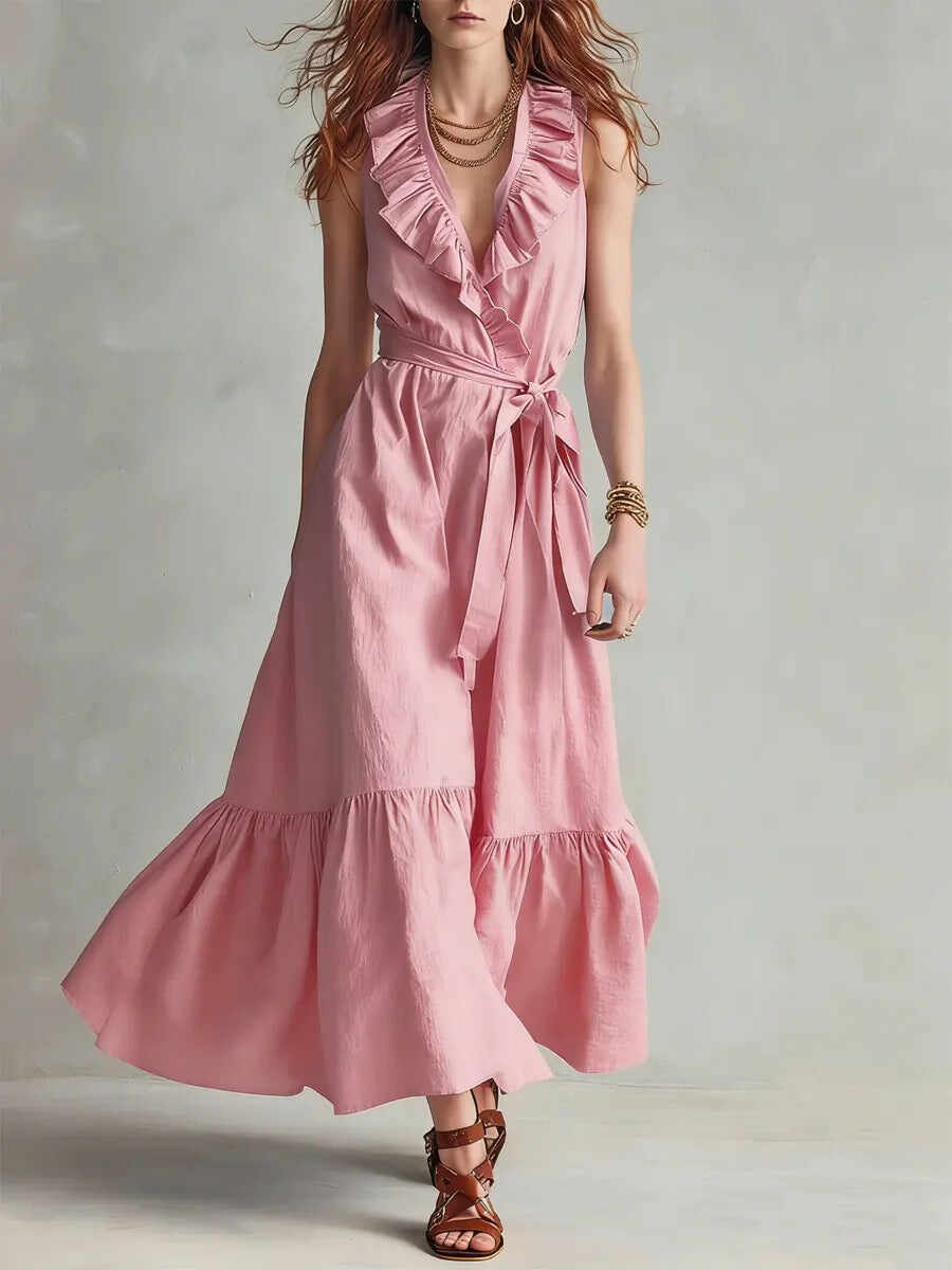 🌿 Ruffled V-Neck Wrap Maxi Dress