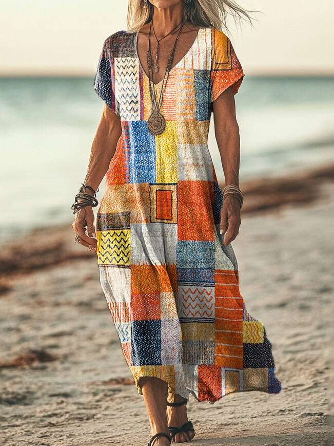 Women's Retro Geometric Patchwork Art Print Sleeveless V-Neck Pocket Cotton Dress