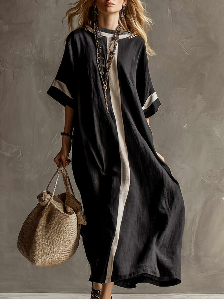 🔥Summer Arrivals🌟Stylish Urban Patchwork Black Cotton And Linen Short-sleeved Maxi Dress