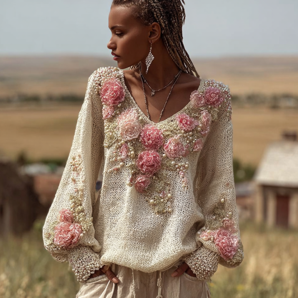 Women's Bohemian Style Round Neck 3d Pink Flower Embroidery Long Sleeve Knitted Sweater