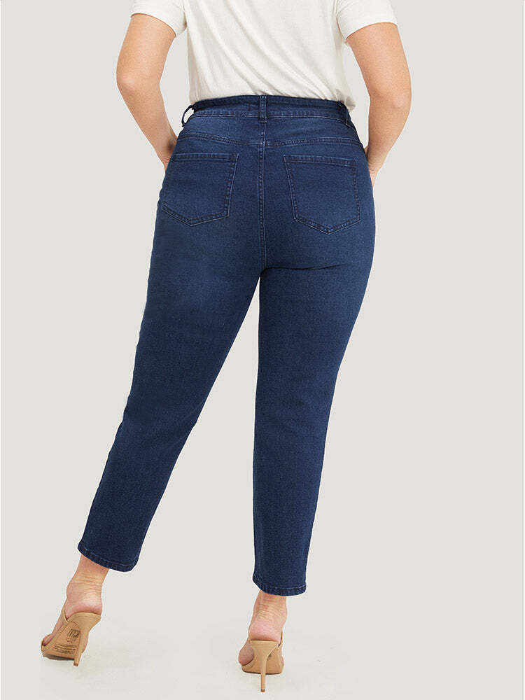 Straight Very Stretchy High Rise Dark Wash Embroidered Trim Jeans