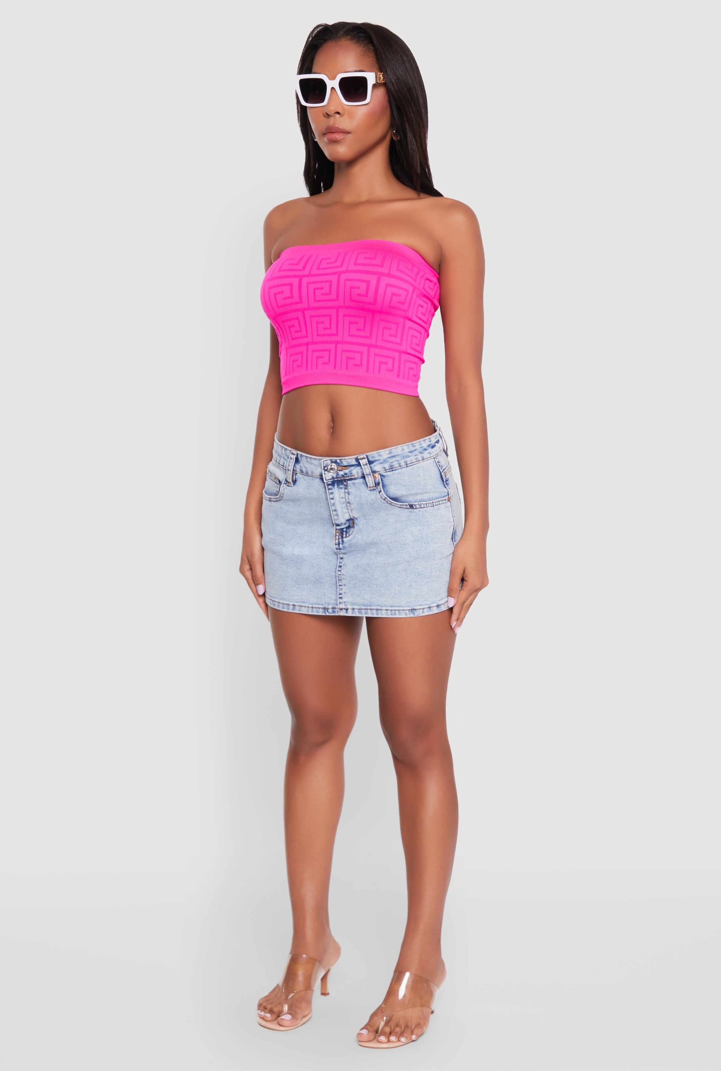 Trendy Greek Key Rib Knit Cropped Tube Top