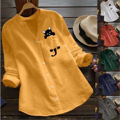 🔥V-neck Cotton And Cat Print Long Sleeve Blouse