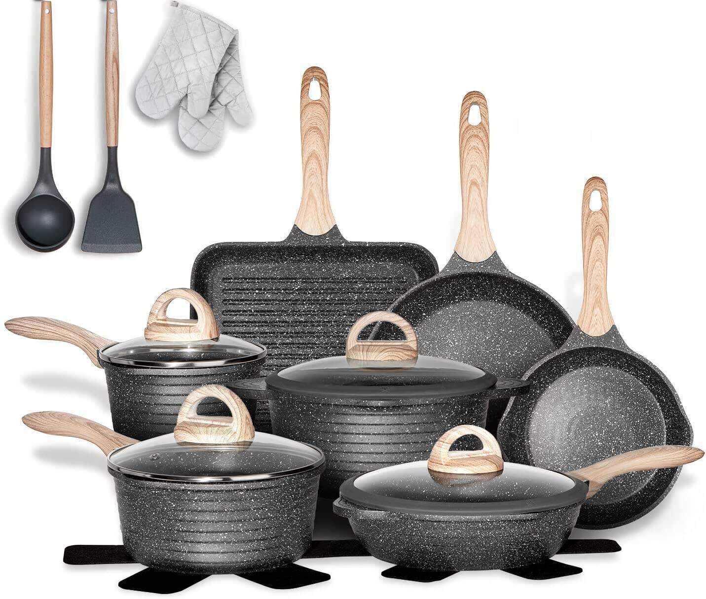 Pots and Pans Set Nonstick 20PCS, Granite Coating Cookware Sets Induction Compatible with Frying Pan, Saucepan, Saut Pan, Grill Pan, Cooking Pots, PFOA Free, (Grey, 20pcs Cookware Set)