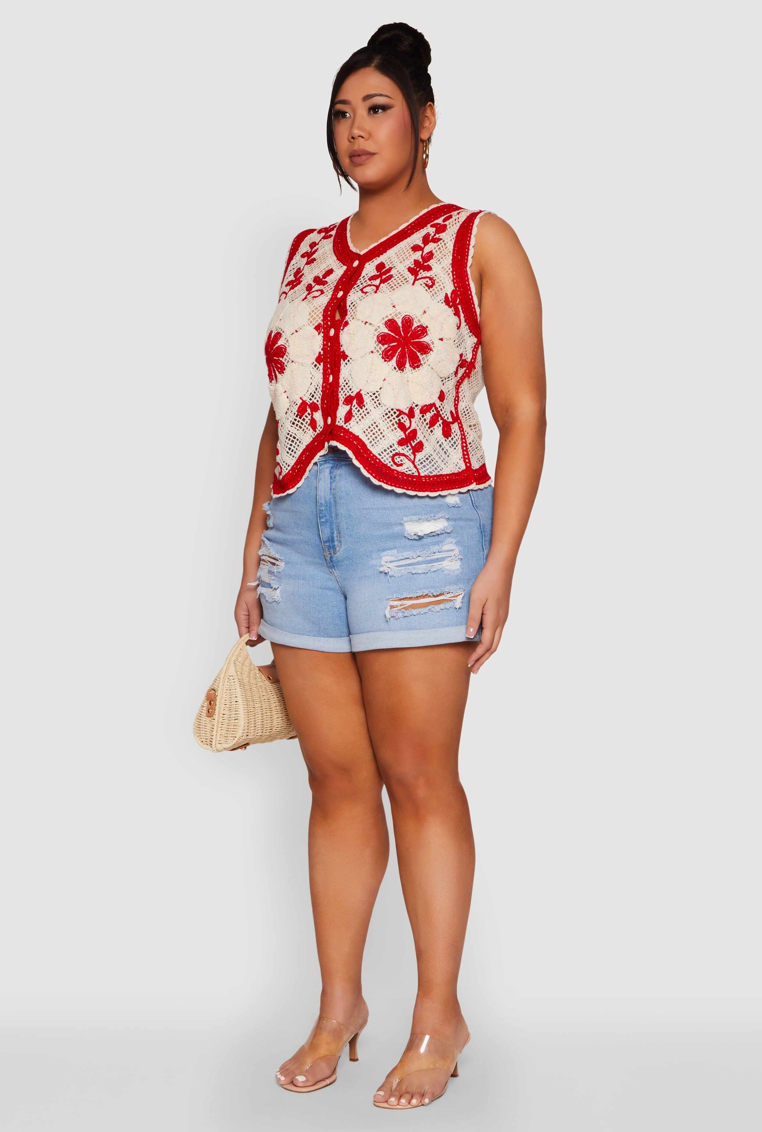 Plus Size Floral Pattern Crochet Vest