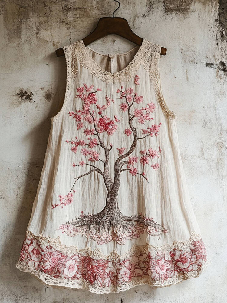 Women's Cherry Blossom Embroidery Lace Art Linen Tank