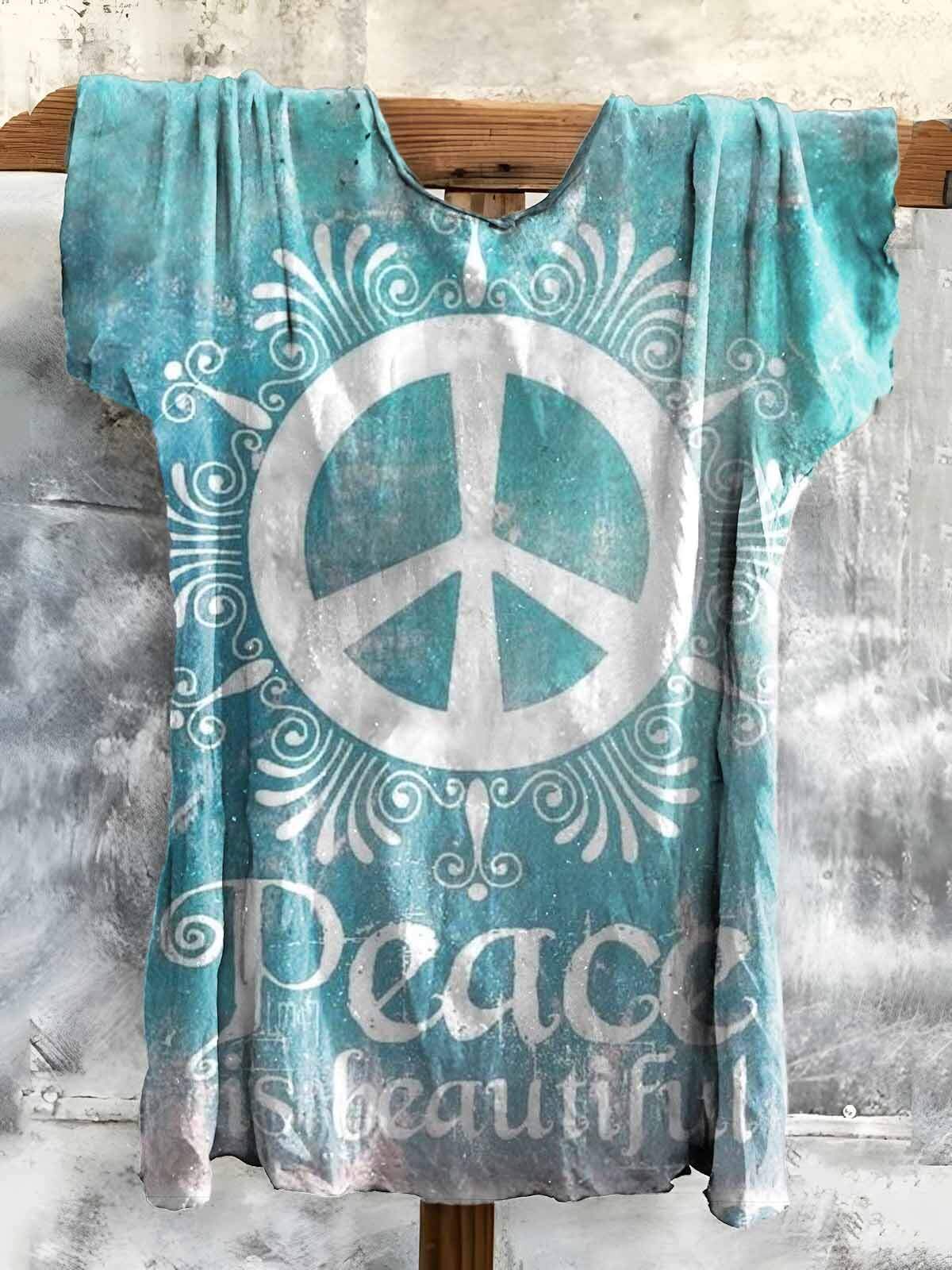 Women's Hippie Peace Is Beautiful Print Short Sleeve Pocket Cotton Linen Dress