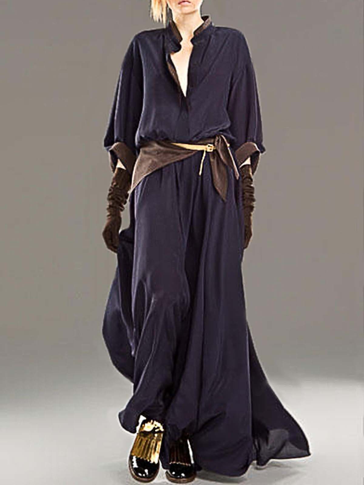 Casual Plain Stand Collar Half Sleeve Loose Maxi Flowy Dress