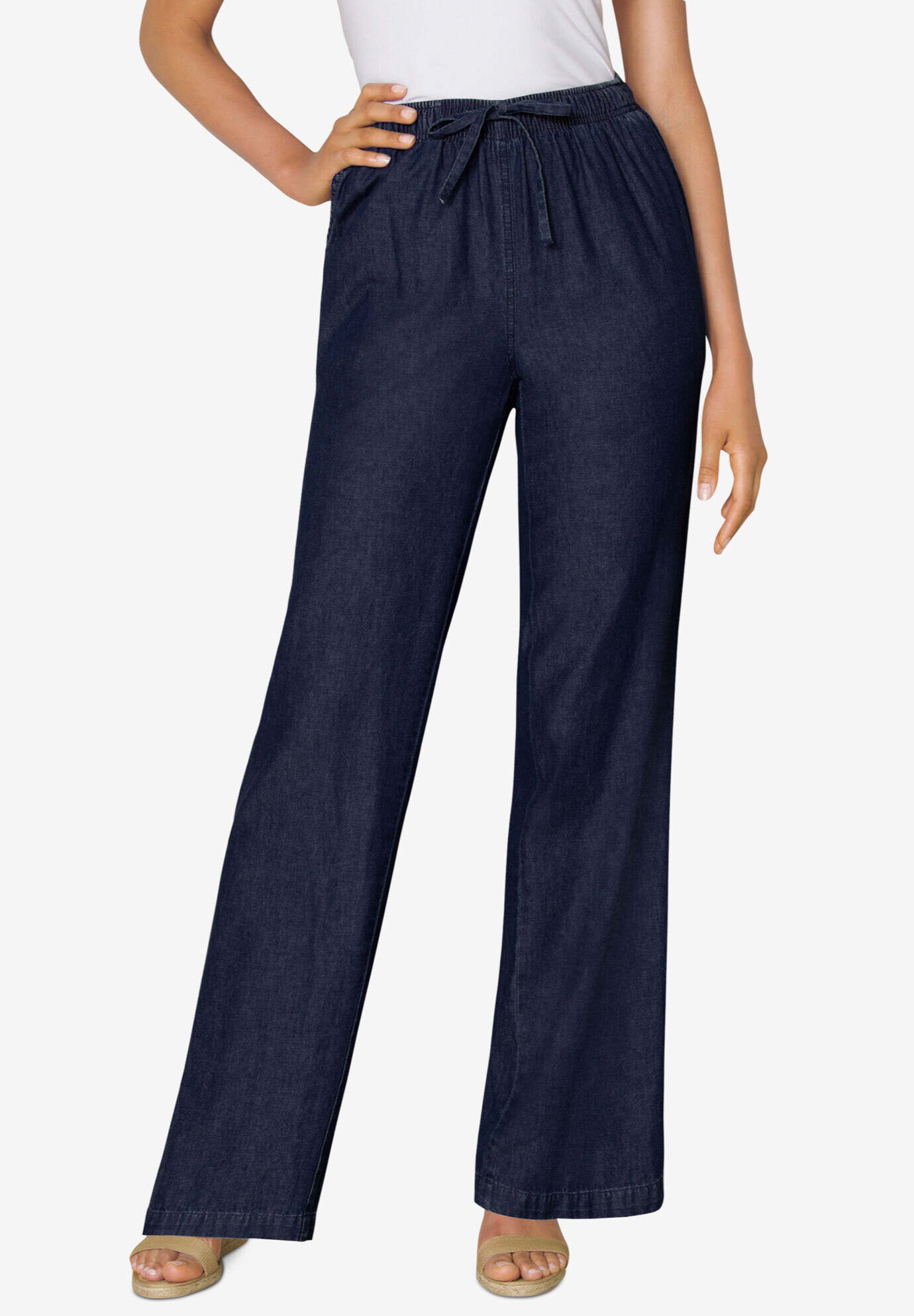 Drawstring Denim Wide-Leg Pant