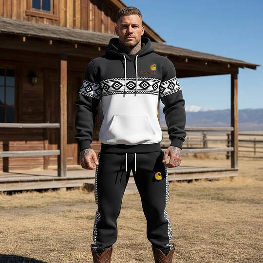 Men's Vintage Black And White Ethnic Aztec Pocket Hoodie And Sweatpants Jogger Set