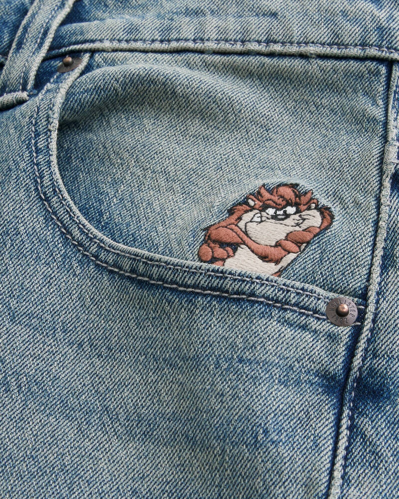 Washed Black Cat Graphic Super Baggy Denim Shorts