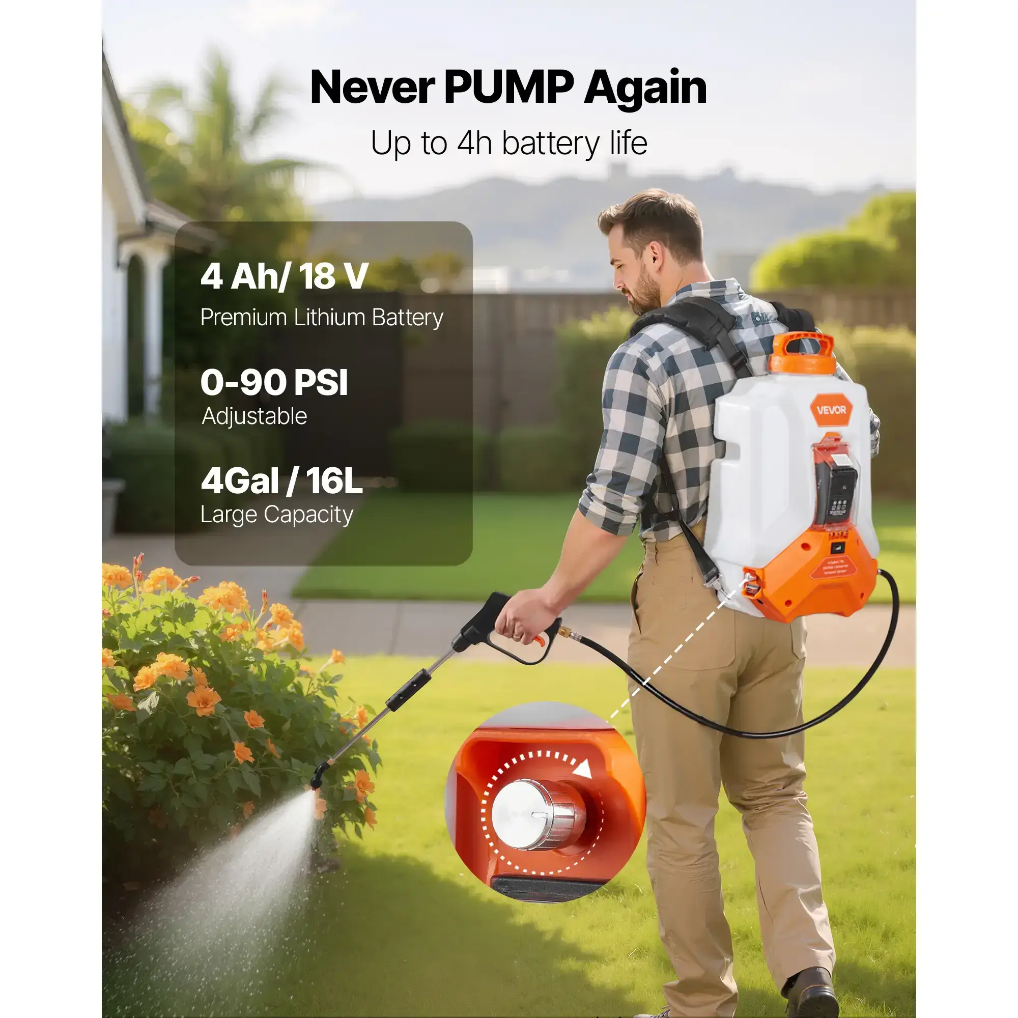 Battery Powered Backpack Sprayer,4 Gallons Electric Backpack Sprayer2 Wands & 8 NozzlesAdjustable 0-90 PSI4H RuntimePortable Yard Garden Lawn Sprayers for Weeding Spraying Cleaning