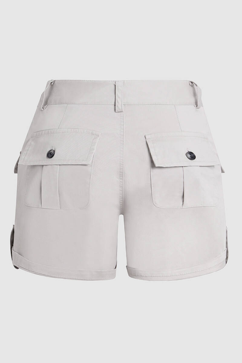 Flap Pocket Roll Tab Hem Mid Waist Shorts