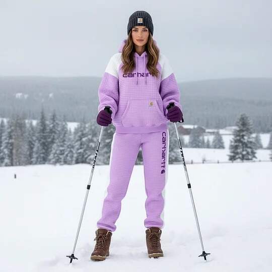 Purple Quilted Hoodie and Joggers Set for Winter Skiing