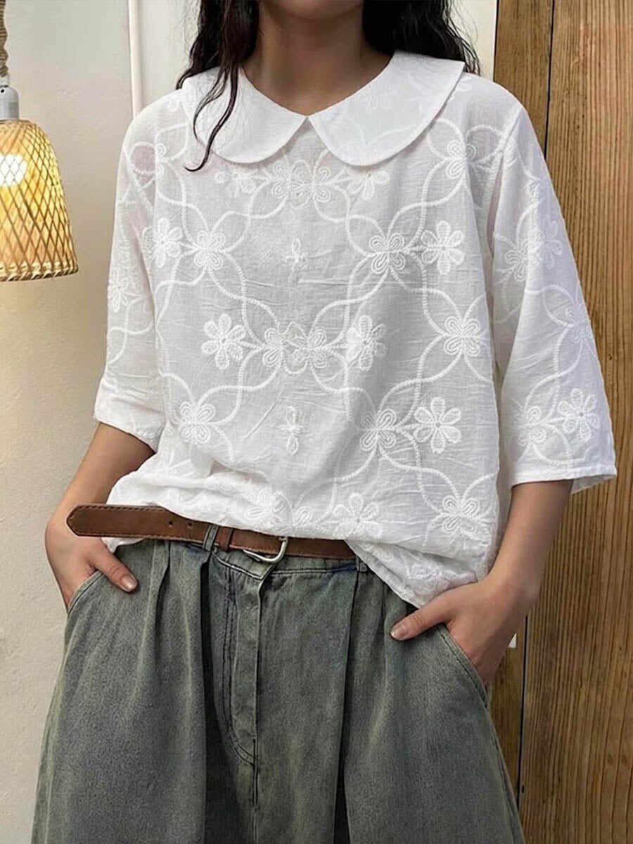 🔥Summer Arrivals🌟Women's Solid Color Peter Pan Collar 3/4 Sleeve Casual Loose Cotton Embroidered Top
