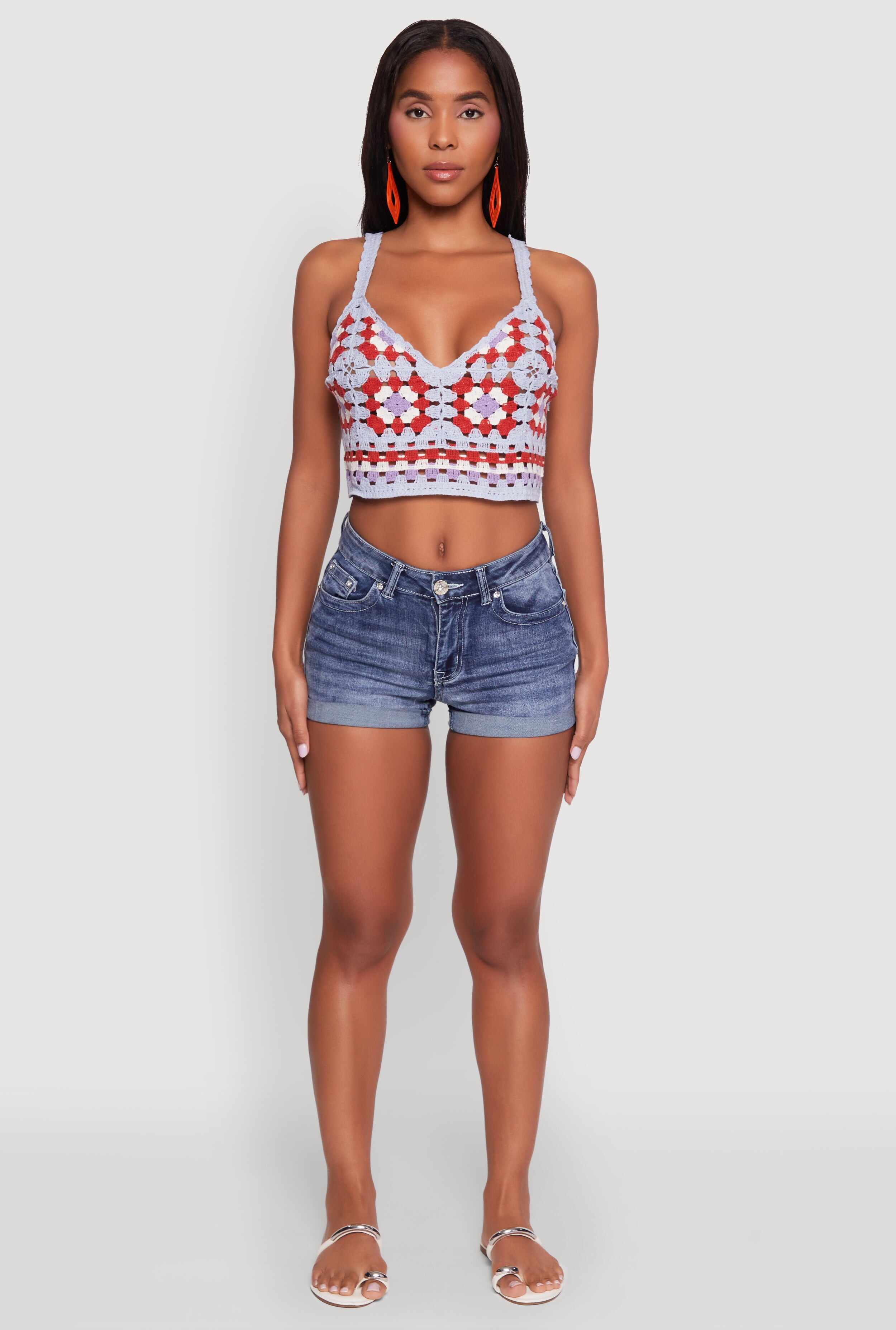 Trendy Color Blocked V-Neck  Crochet Crop Top