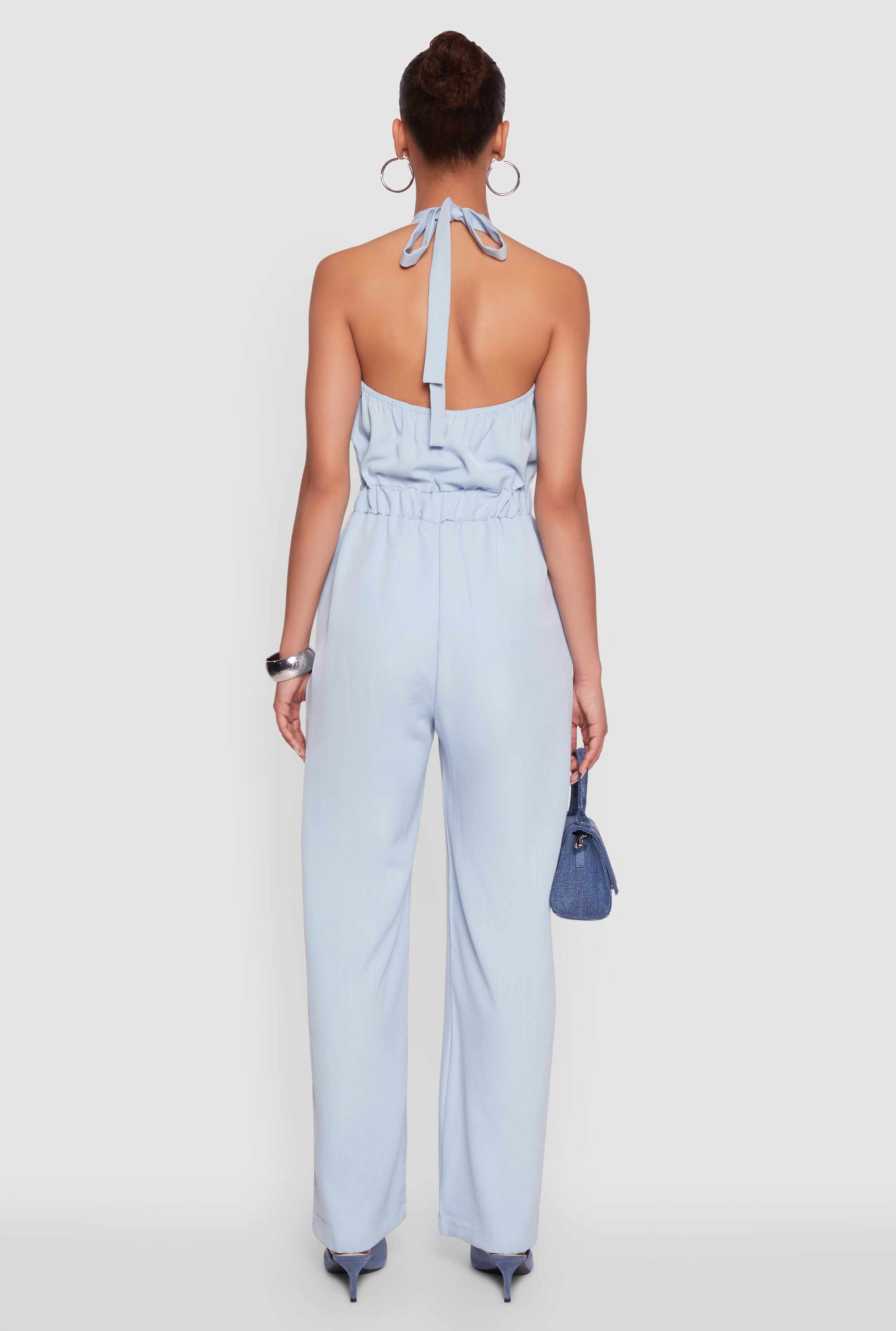 Pinstripe Button Front Halter Jumpsuit