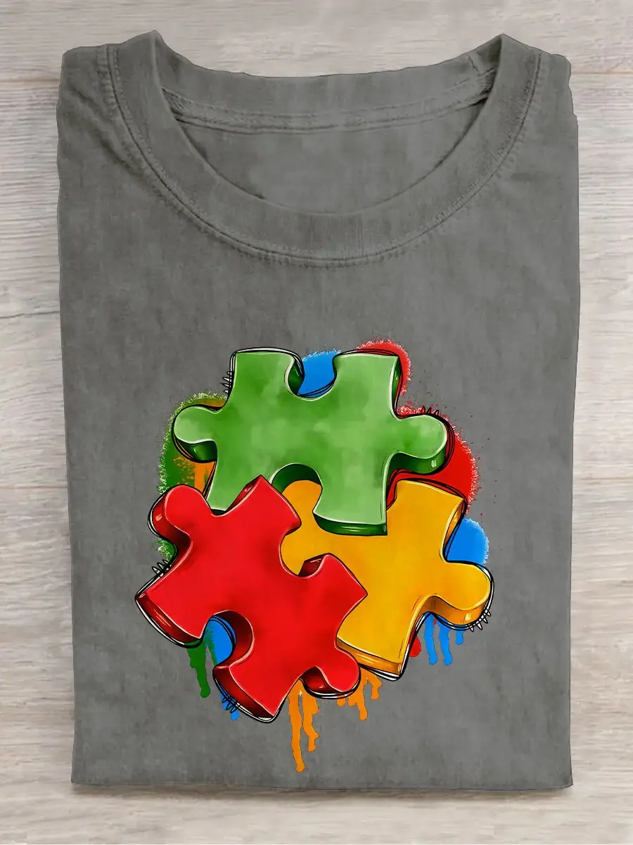 Autism Puzzle Piece Autism Awareness Casual Print T-shirt
