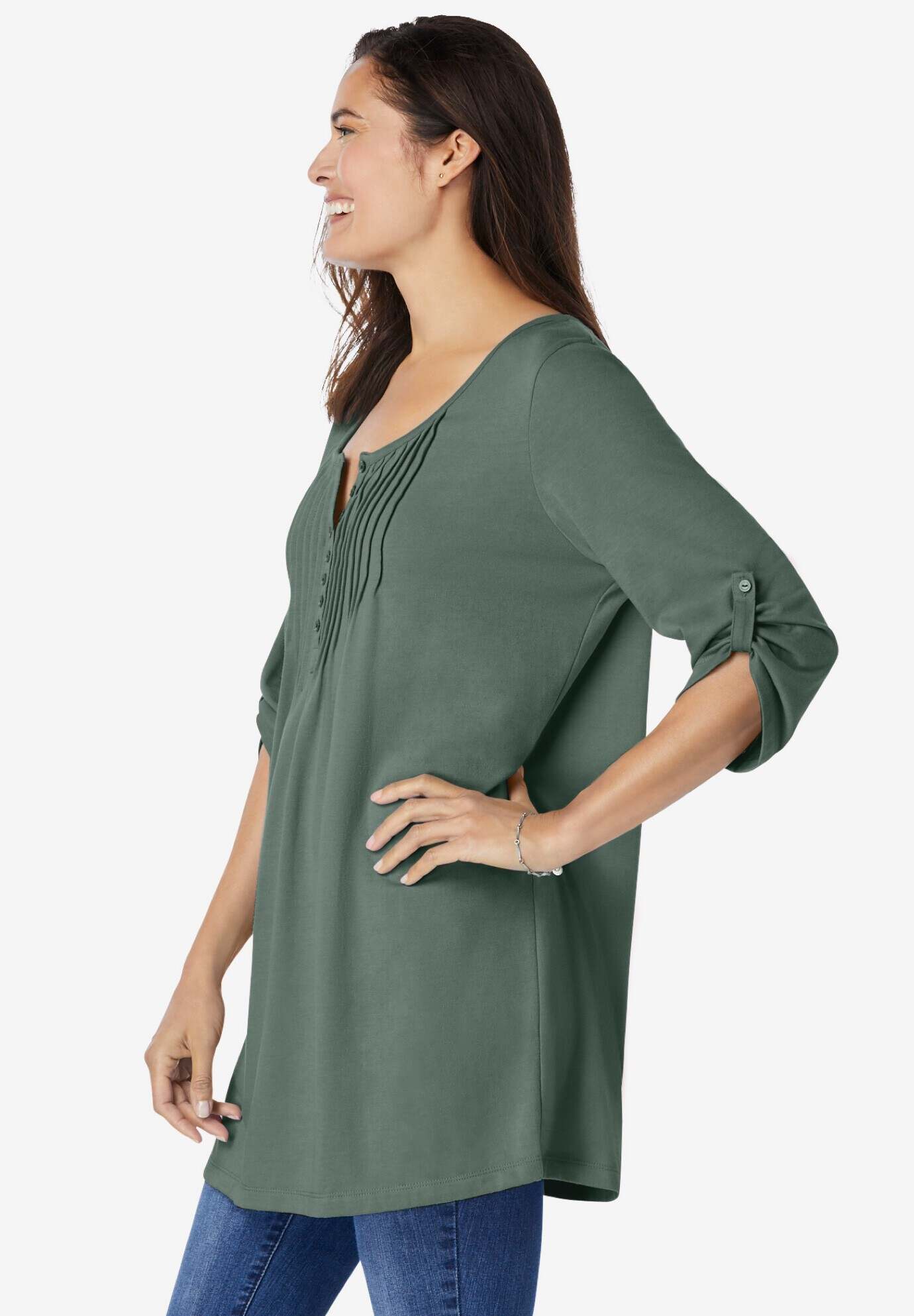 7-Day Three-Quarter Sleeve Pintucked Henley Tunic