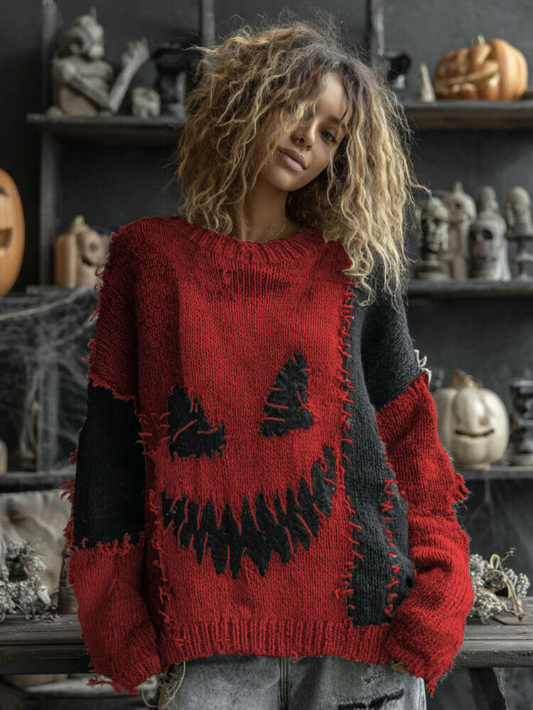 Halloween Spooky Face Contrast Stitched Cozy Knit Sweater