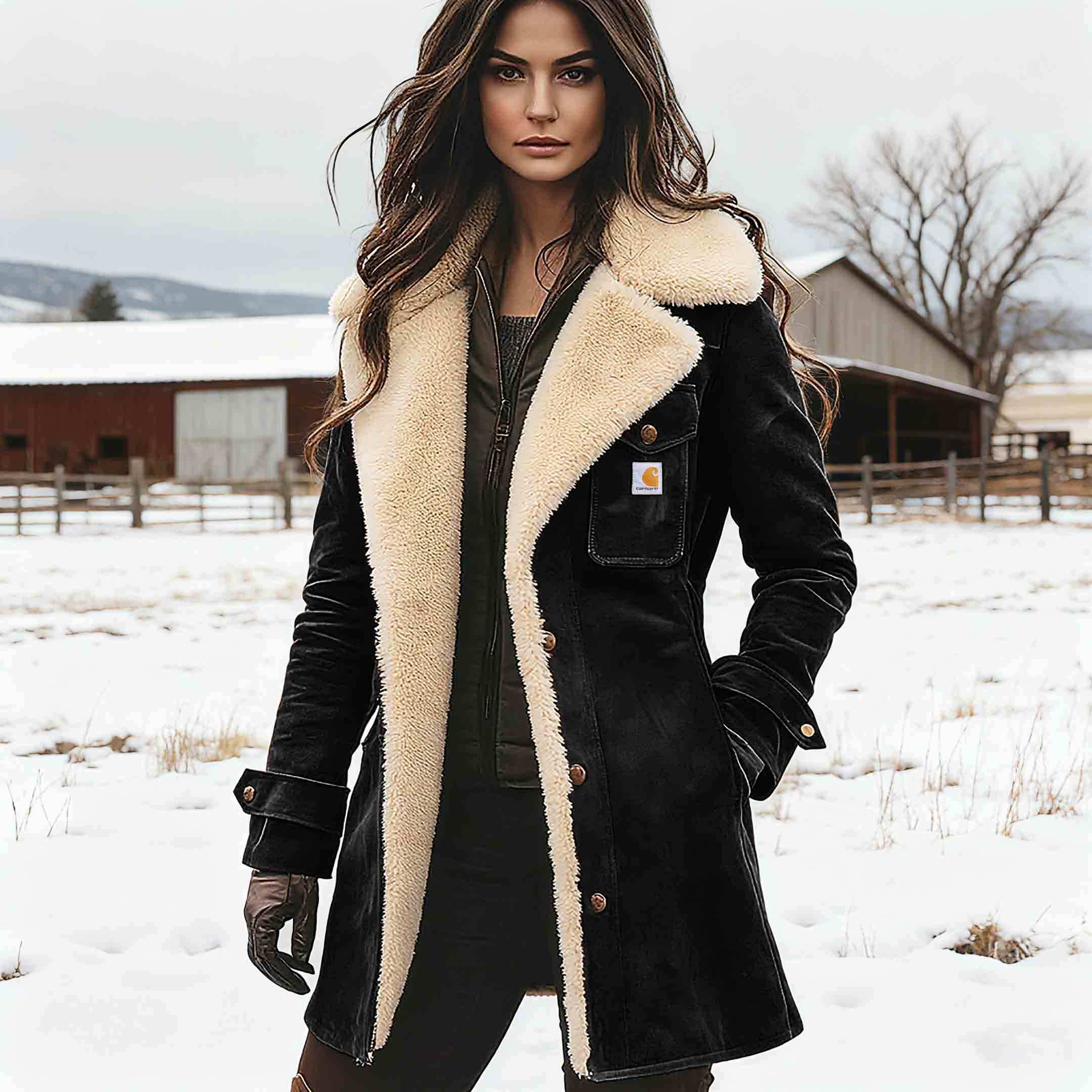 Women's Carhartt Vintage Brown Suede Fleece Lapel Collar Mid-Length Shearling Coat Jacket