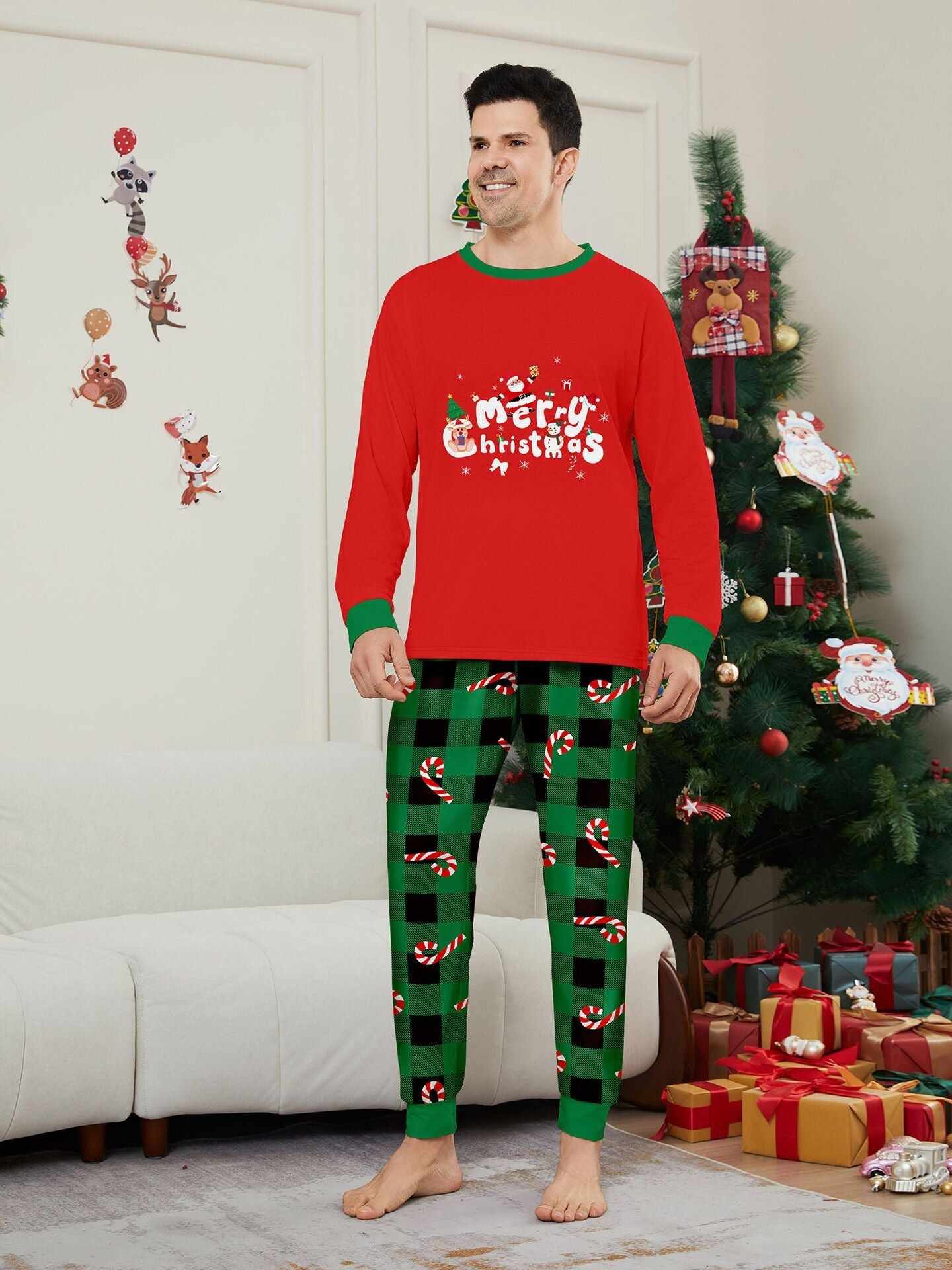 Christmas Cane Fawn Printed Family Matching Christmas Pajamas Sets