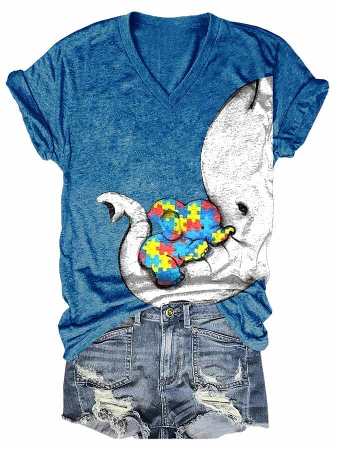 Women'S Autism Elephant And Baby Elephant Print T-Shirt