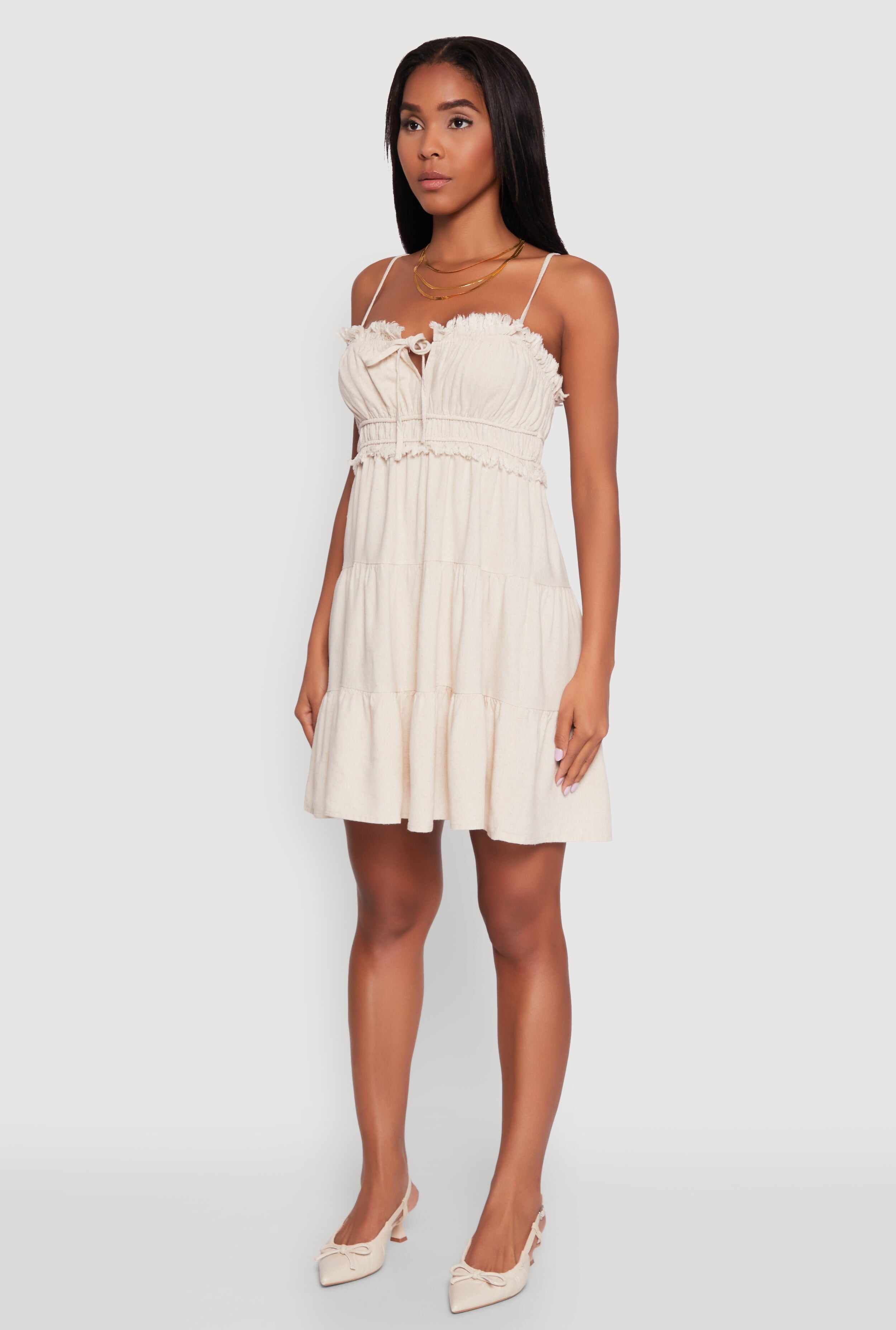 Haute Monde Linen Sleeveless Tiered Dress with Frayed Detail