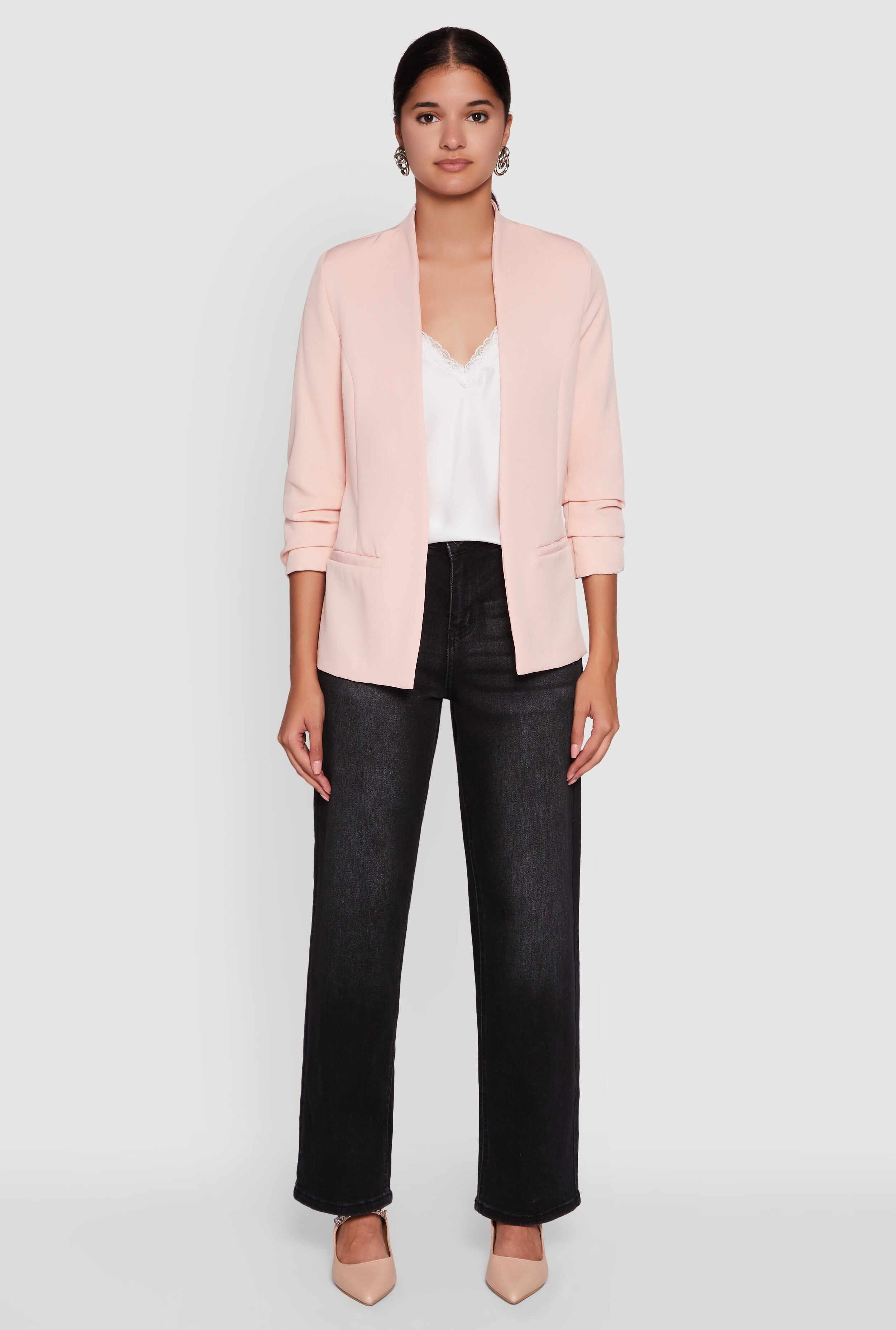 Open Front Ruched Sleeve Padded Shoulder Blazer