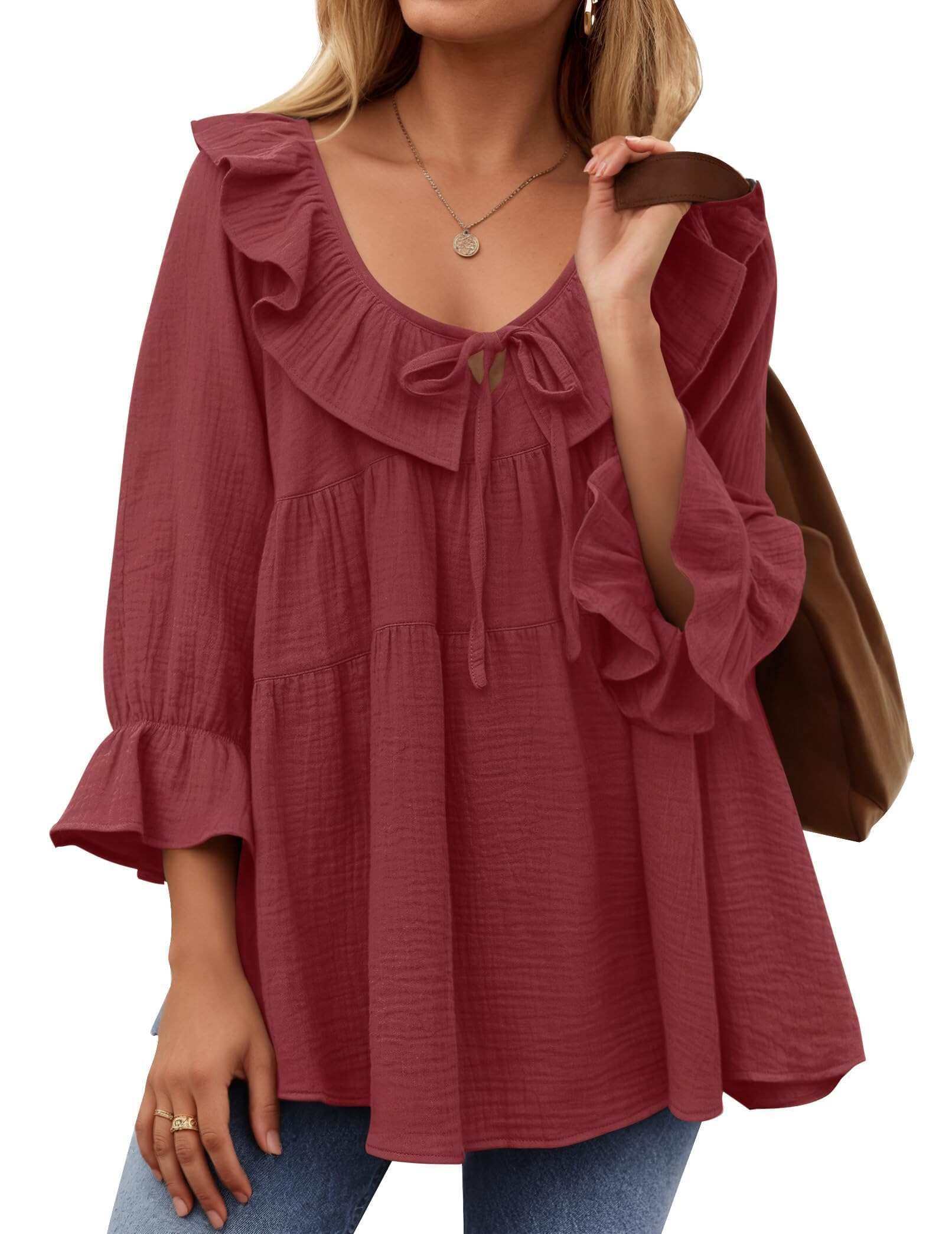 Women’s Scoop Neck 3/4 Length Sleeve Tie Front Ruffle Tiered Tunic Shirts