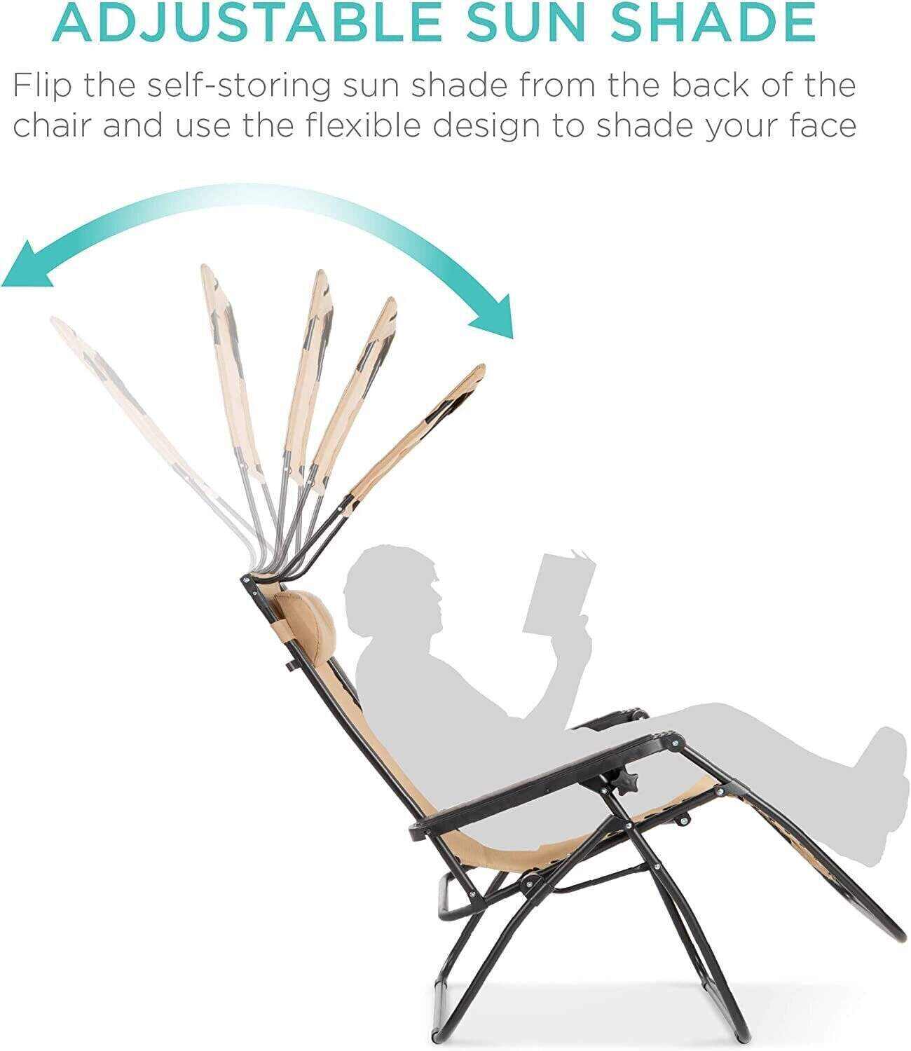 Folding Zero Gravity Recliner Patio Lounge Chair w/Adjustable Canopy Shade, Headrest, Side Accessory Tray, Textilene Mesh - Beige