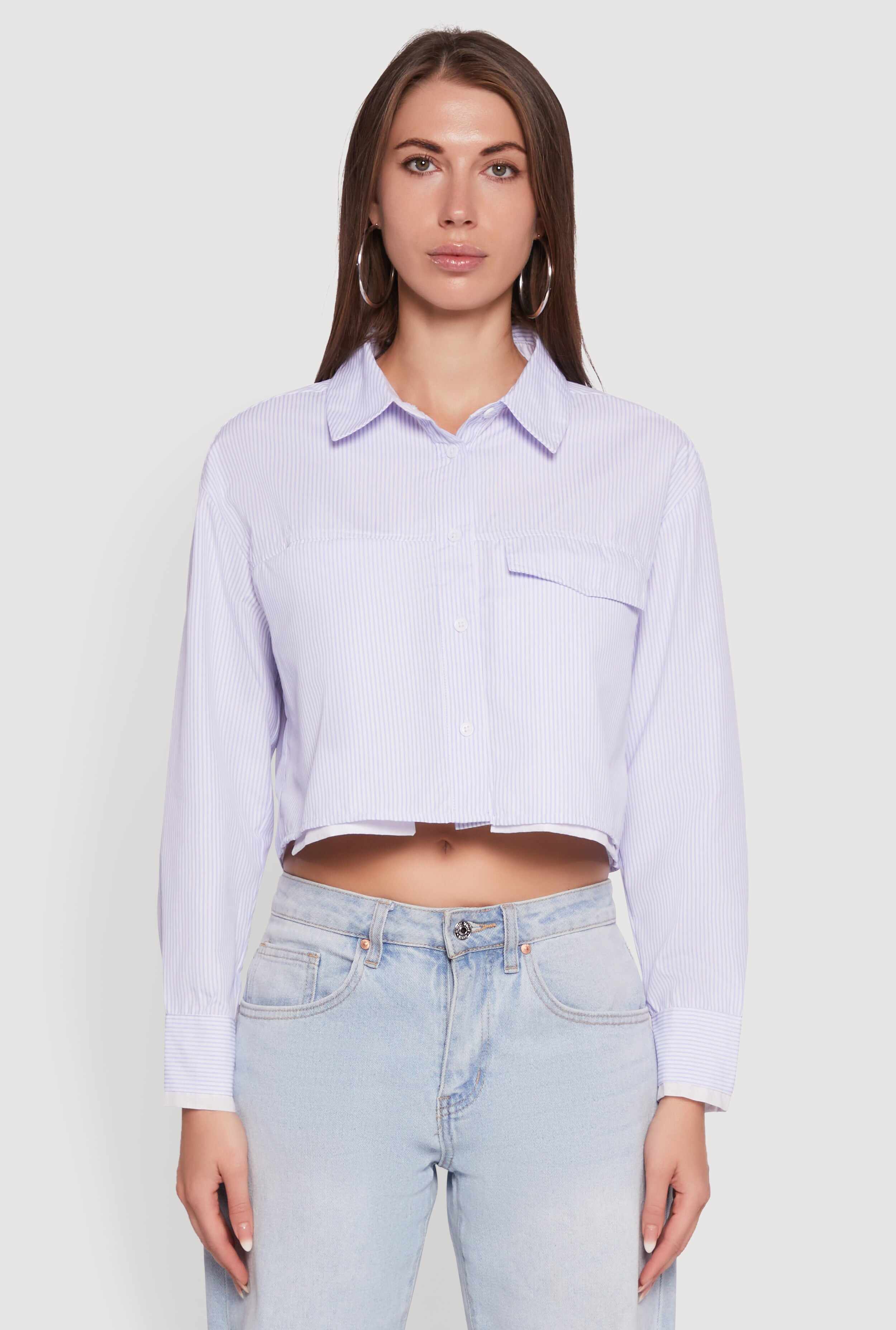 Striped Long Sleeve Button Front Cropped Shirt