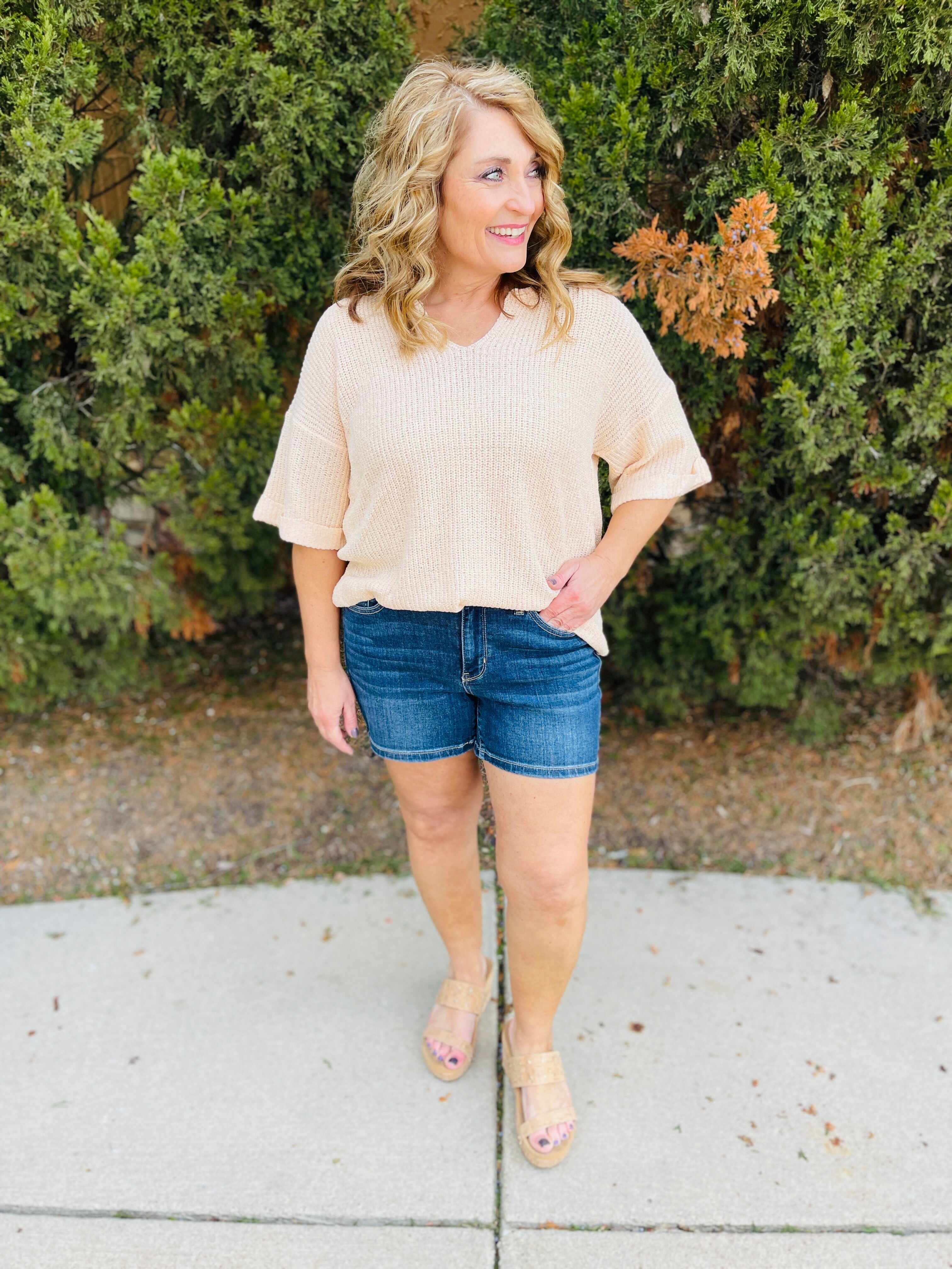 Plus/Reg Sweet Summertime Mid Rise Dark Wash Shorts