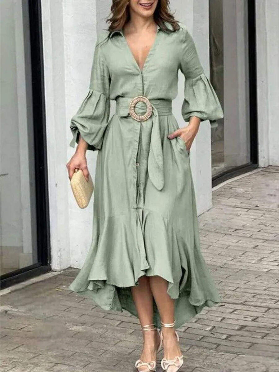 🔥Summer Arrivals🌟Women's Solid Color V-neck Long Sleeve Casual Loose A-line Dress