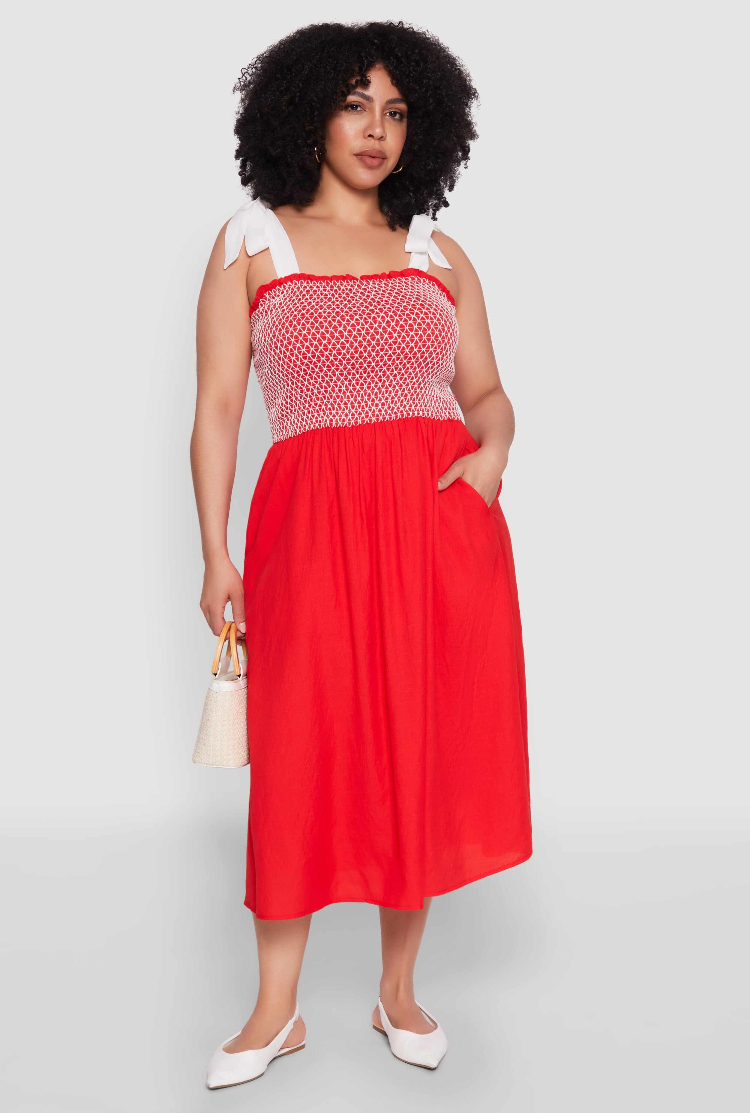 Plus Size Smocked Tie Shoulder Midi Dress
