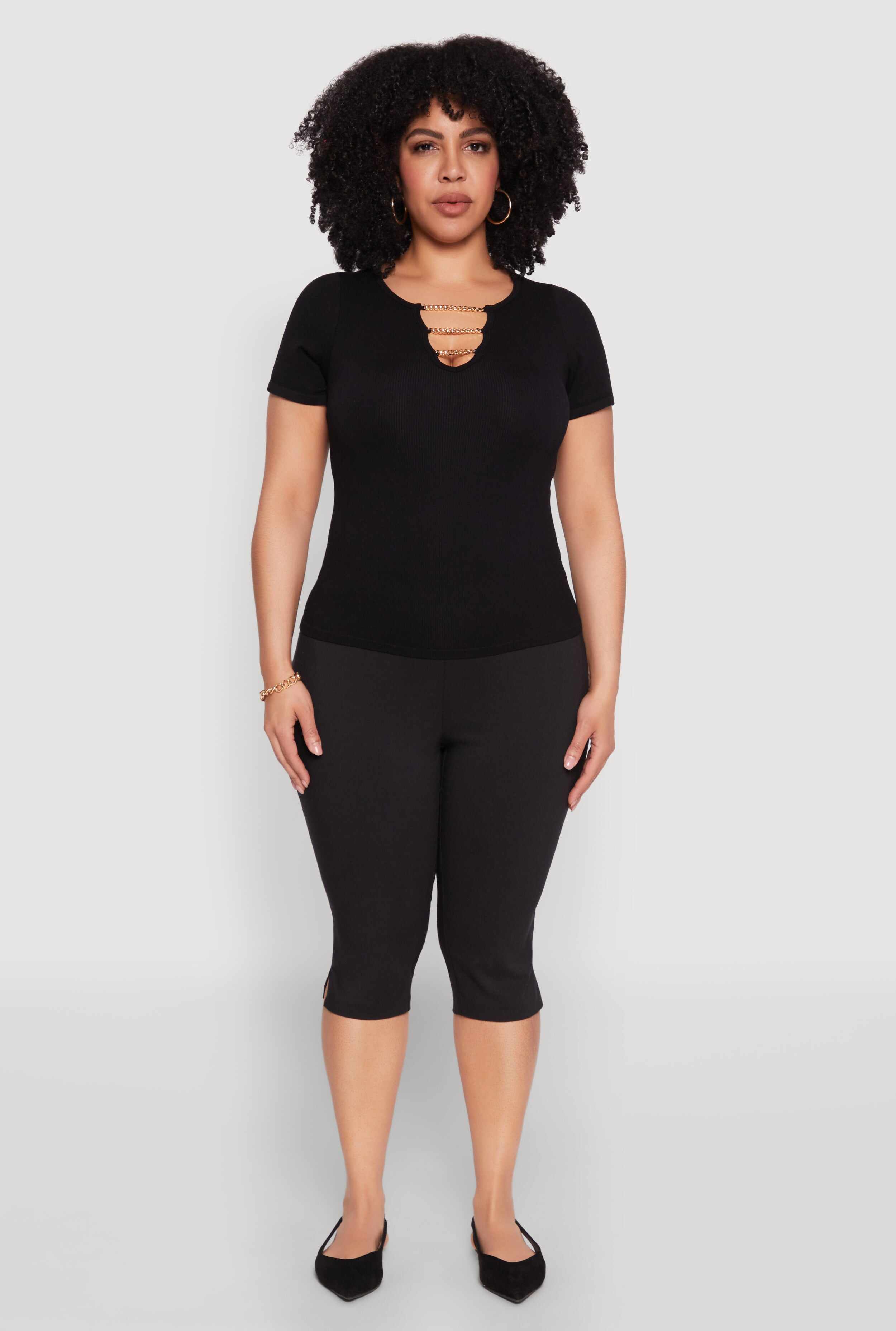 Plus Size Seamless Rib Knit Chain Keyhole Tee