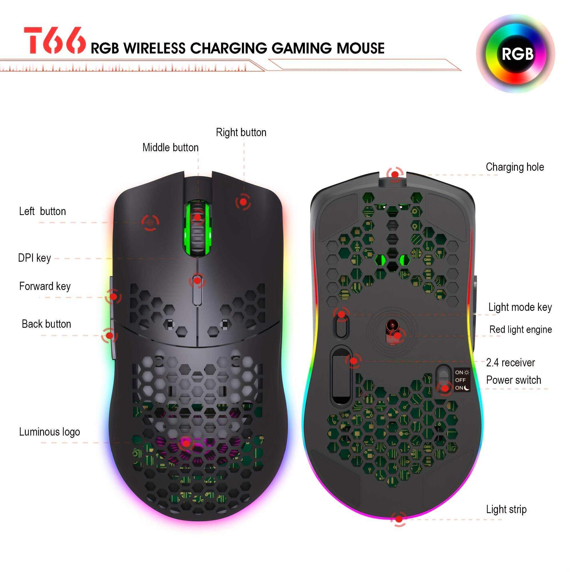 RGB Wireless Gaming Mouse,Ultra-Lightweight Honeycomb Shell Mice With 2.4G Wireless Rechargeable,RGB Spectrum Backlit,7 Buttons,3200DPI,Ergonomic Long Battery Life For PC,PS4 Gamers