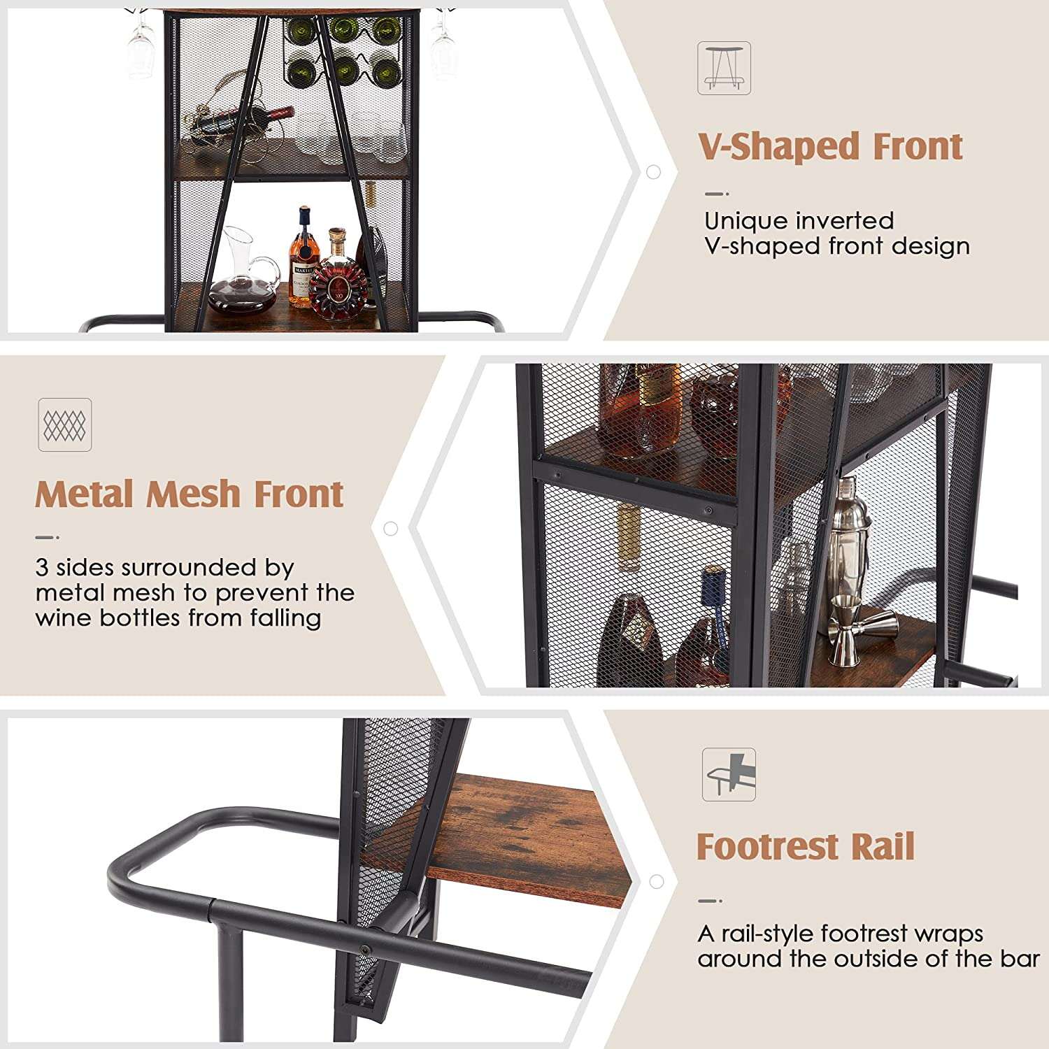 VECELO Bar Unit with Metal Mesh Front, 3-Tier Wine Rack Table with Glasses Holder