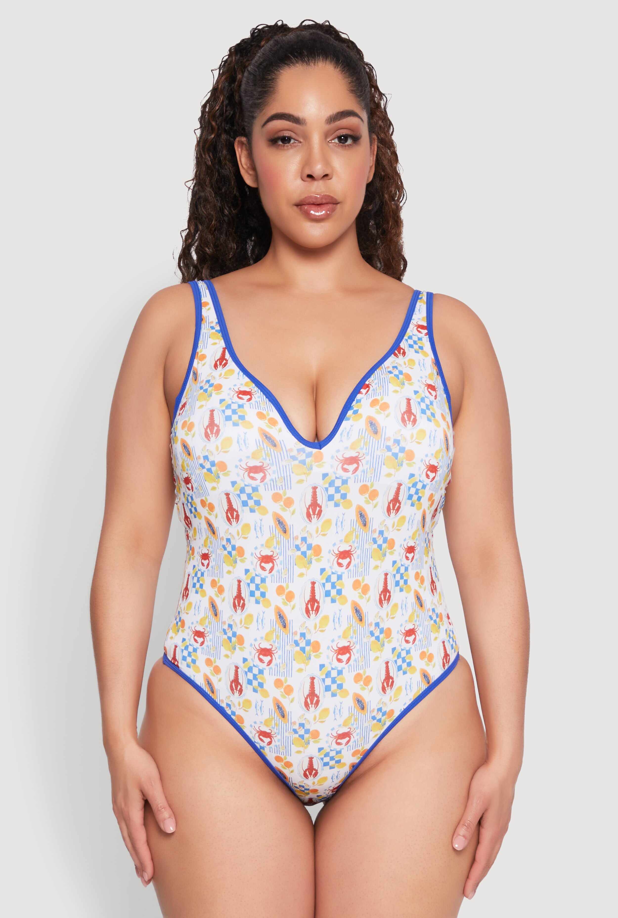 Plus Size Tropical Crab Papaya Print One Piece Swimsuit