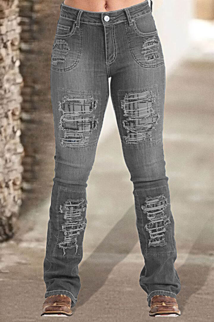 Vintage Stripe Print Ripped Mid Waist Jeans