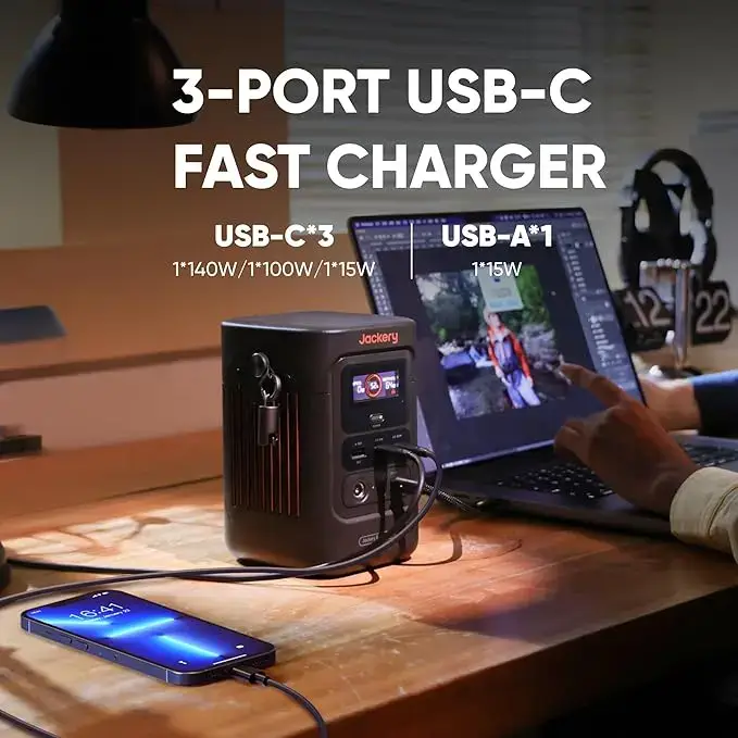 Explorer 240D Power Bank with Adjustable Strap, 255Wh LiFePO4 Battery Portable Power Station, 200W Pure DC Output, 3×USB-C & 1×USB-A Ports, 2-in-1 USB-C Strap Cable, Fast Charging for Outdoor, Travel & Emergencies