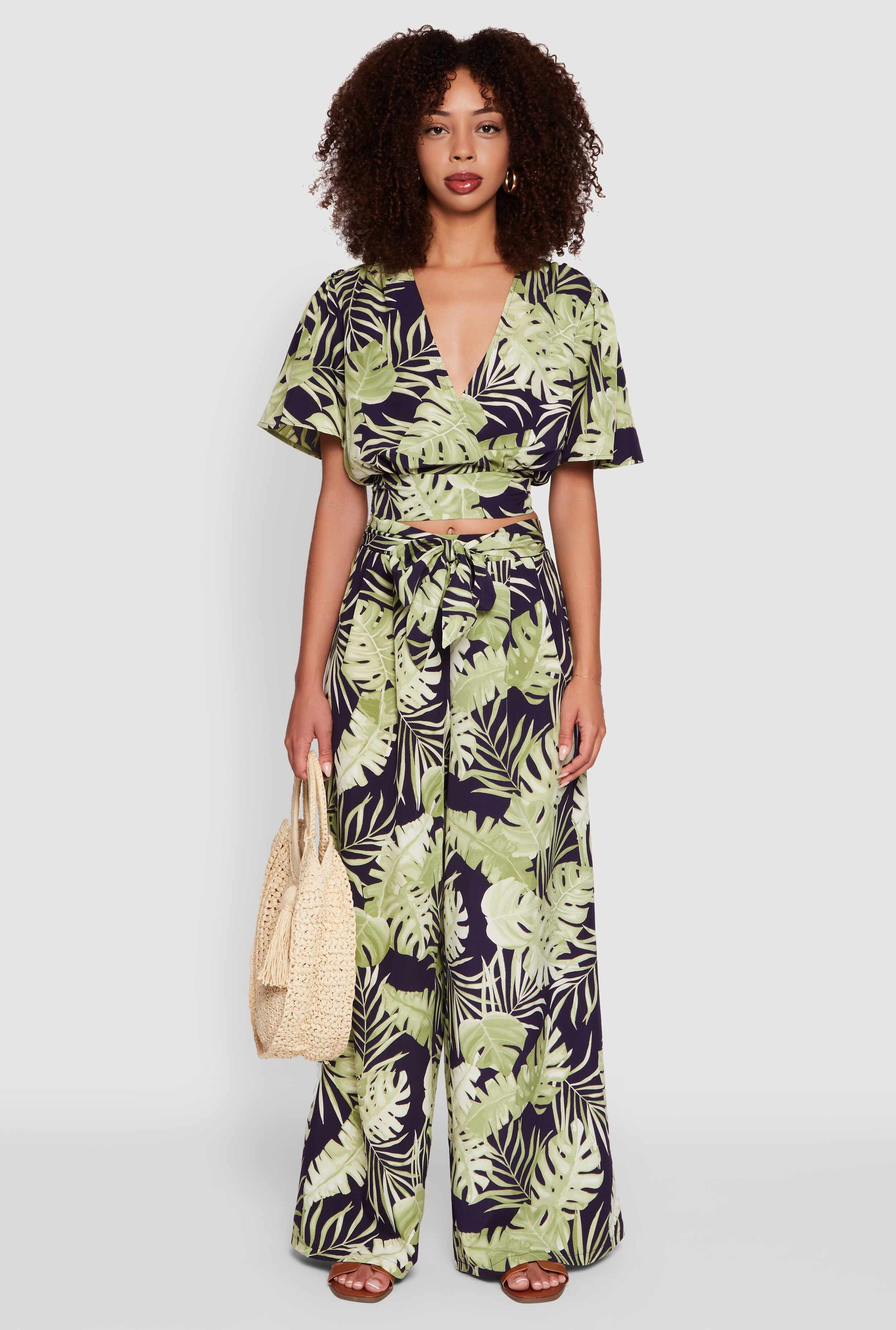 Iris Floral Wide-Leg Palazzo Pants with Tie Waist Belt
