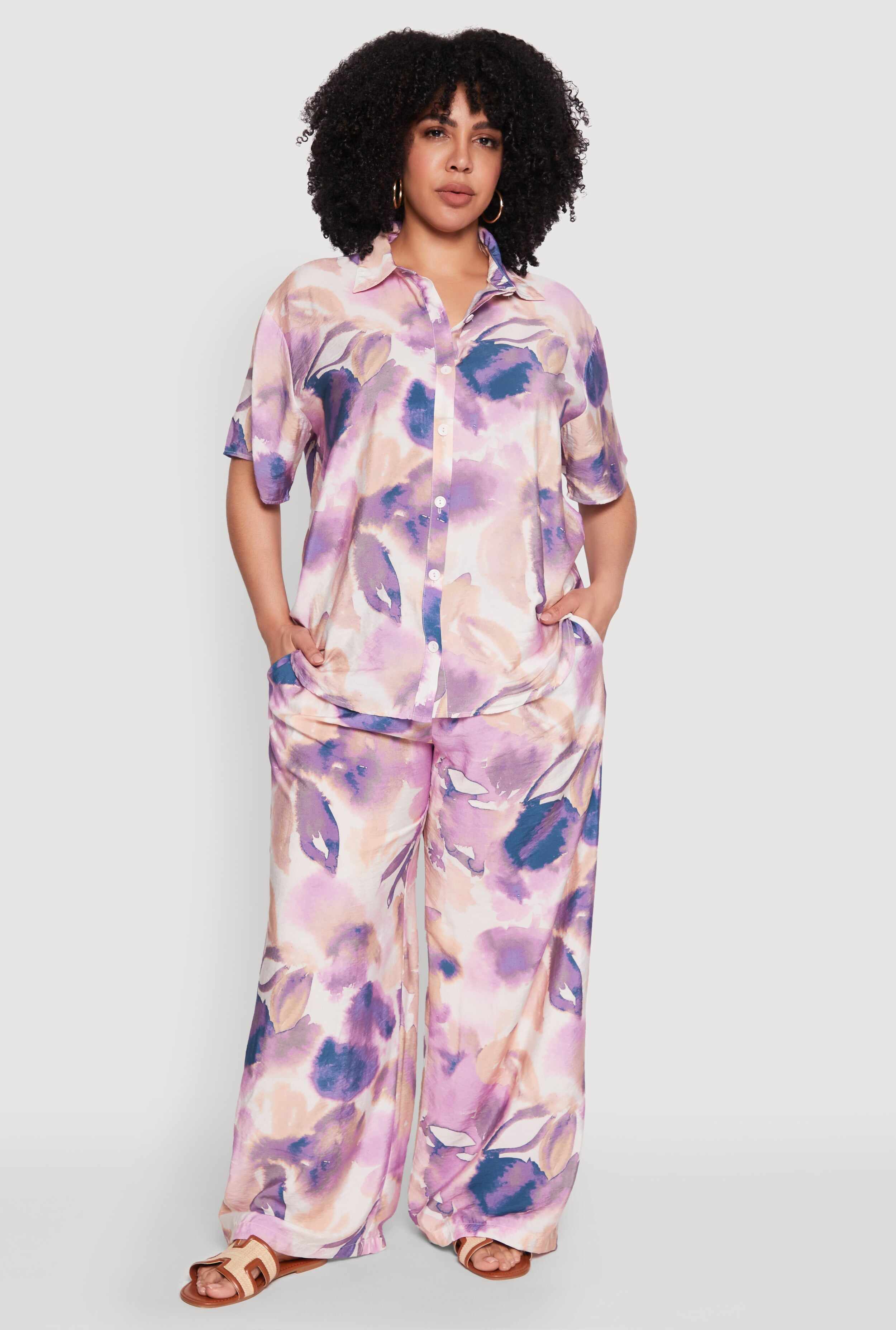 Plus Size Water Color Graphic Palazzo Pants