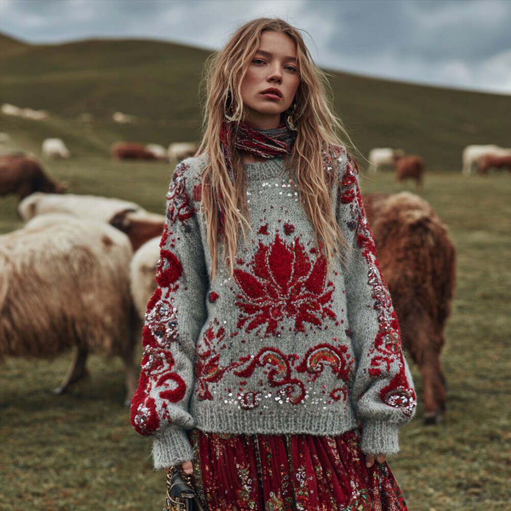 Women's Vintage Wild Red Embroidered Flower Sweater
