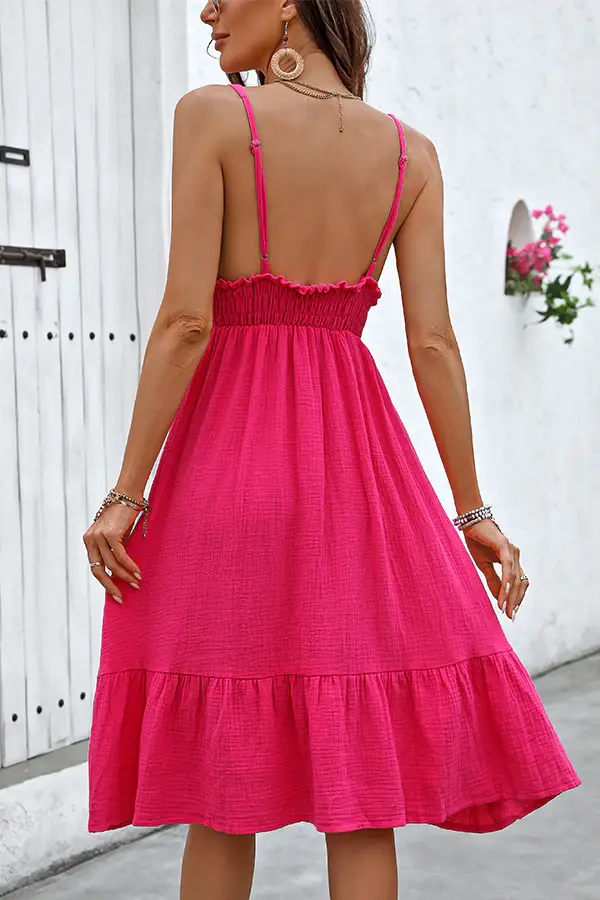 V Neck Smocked Waist Frill Casual Dress